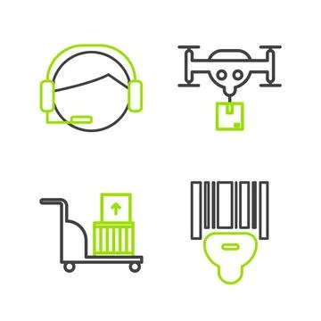 Set line Scanner scanning bar code, Electric hand truck and boxes, Delivery Stock-Illustration