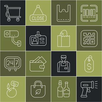 Set line Scanner scanning bar code, Price tag with dollar, QR, Paper shopping Stock-Illustration