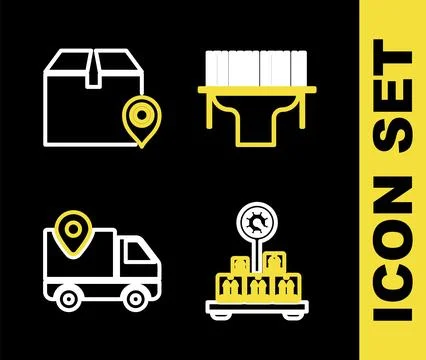 Set line Scanner scanning bar code, Scale with cardboard box, Delivery trac.. Stock-Illustration
