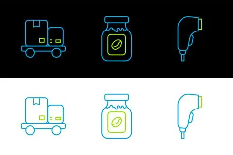 Set line Scanner scanning bar code, Hand truck and boxes and Coffee jar bot.. Illustrazione stock
