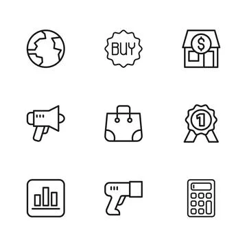 Set line Scanner scanning bar code, Medal, Calculator, Paper shopping bag, .. Stock Illustration