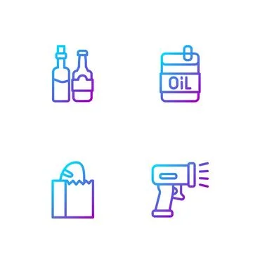 Set line Scanner scanning bar code, Paper bag with bread loaf, Whiskey bott.. Illustrazione stock