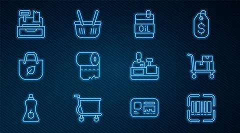 Set line Scanner scanning bar code, Hand truck and boxes, Bottle of olive o.. 库存插图