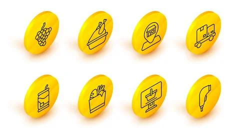 Set line Scanner scanning bar code, Shopping cart on computer, bag and food.. Illustrazione stock