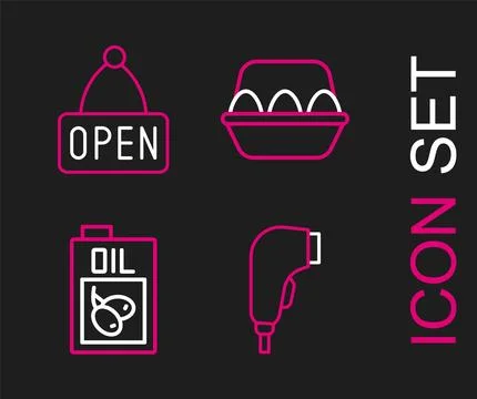 Set line Scanner scanning bar code, Bottle of olive oil, Chicken egg box an.. Stock Illustration