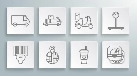 Set line Scanner scanning bar code, Delivery truck with cardboard boxes, Co.. Illustration