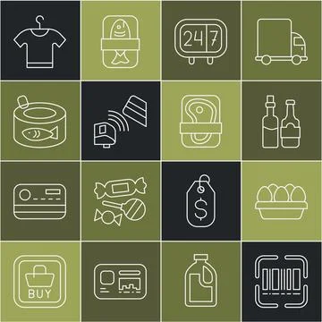 Set line Scanner scanning bar code, Chicken egg box, Whiskey bottle, Clock .. Stock Illustration