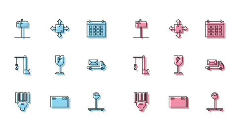 Set line Scanner scanning bar code, Envelope, Open mail box, Scale, Fragile.. Stock Illustration