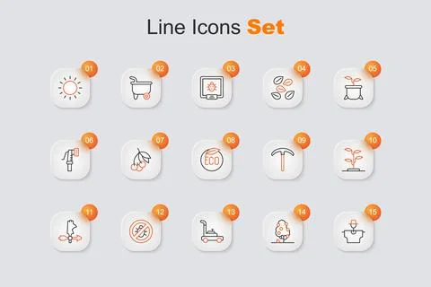 Set line Scarecrow, Fruit tree, Lawn mower, Stop colorado beetle, Rooster w.. Illustrazione stock