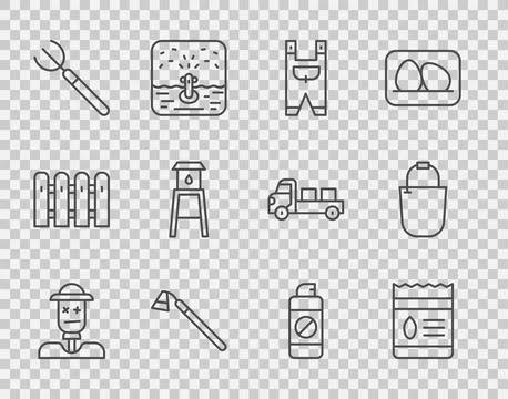 Set line Scarecrow, Pack full of seeds of plant, Garden worker clothes, hoe.. Stock Illustration