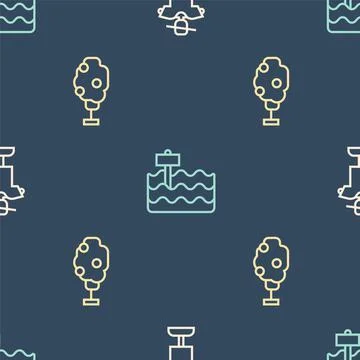 Set line Scarecrow, Tree with apple and Garden bed on seamless pattern. Vector Stockillustratie