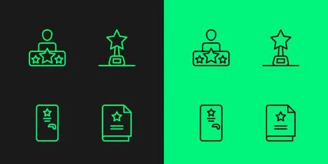 Set line Scenario, Backstage, Actor star and Movie trophy icon. Vector Stock Illustration