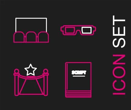 Set line Scenario, Carpet with barriers and star, 3D cinema glasses and  ic.. Stock Illustration