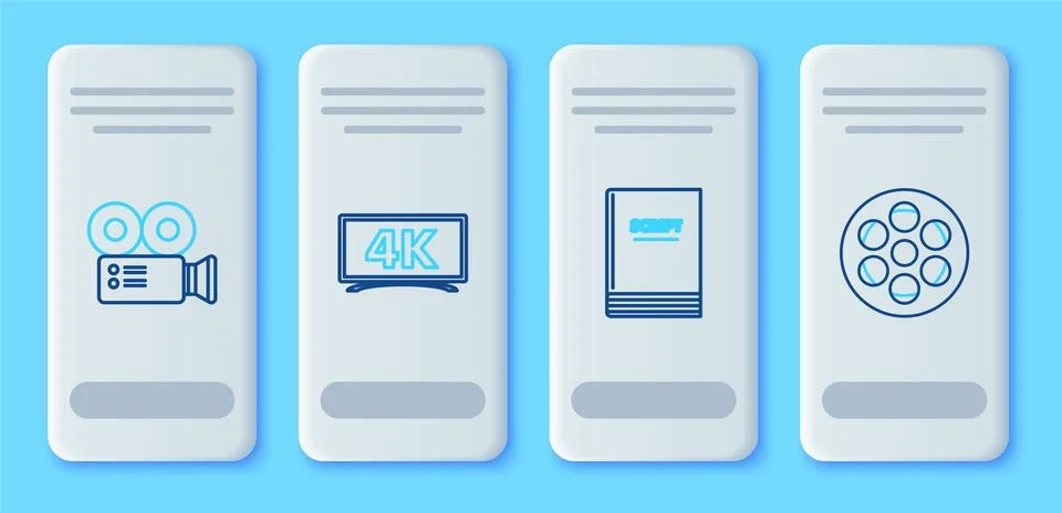 Set line , Scenario, Cinema camera and Film reel icon. Vector Stock Illustration