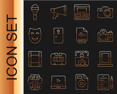 Set line Scenario, Makeup mirror with lights, Photo camera, Video recorder on Stock Illustration