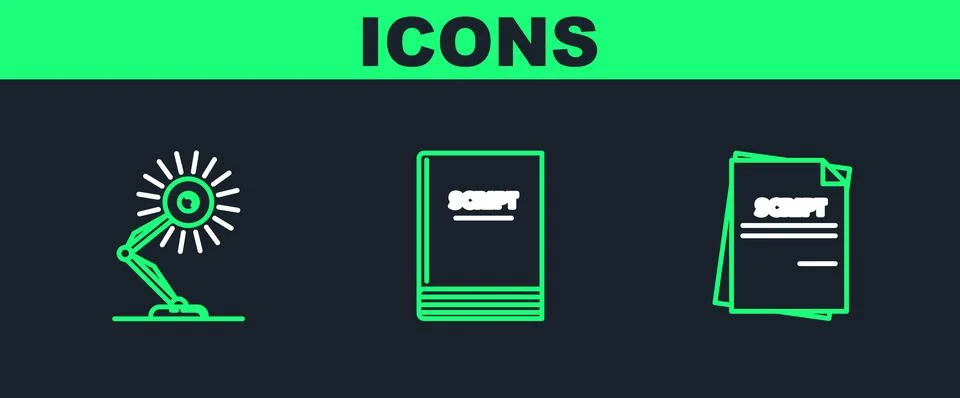 Set line Scenario, Table lamp and  icon. Vector Stock Illustration