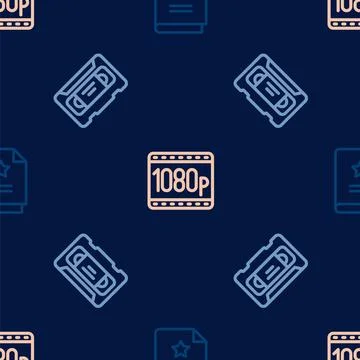 Set line Scenario, VHS video cassette tape and Full HD 1080p on seamless pattern Illustrazione stock