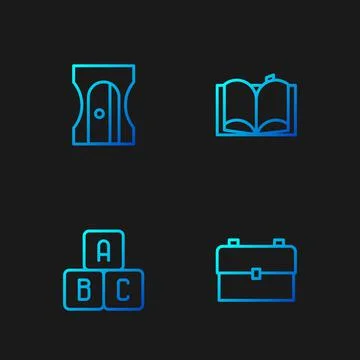 Set line School backpack, ABC blocks, Pencil sharpener and Open book. Gradient Stock Illustration