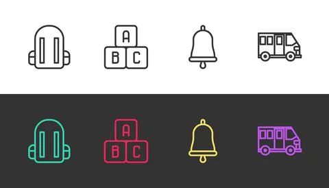 Set line School backpack, ABC blocks, Ringing bell and Bus on black and white Stock Illustration