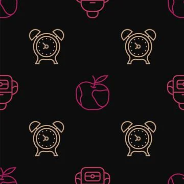 Set line School backpack, Alarm clock and Apple on seamless pattern. Vector 库存插图