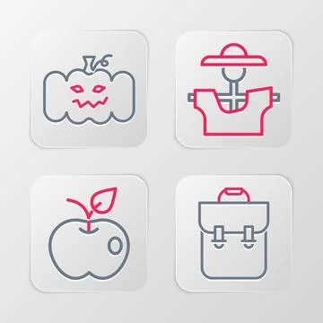 Set line School backpack, Apple, Scarecrow and Pumpkin icon. Vector Illustrazione stock