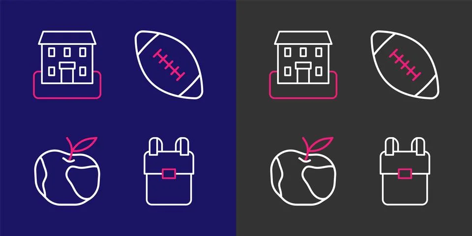Set line School backpack, Apple, American football ball and building icon. .. Ilustración de archivo