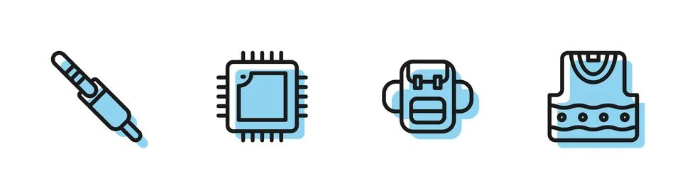 Set line School backpack, Audio jack, Processor with CPU and Waistcoat icon Stock Illustration
