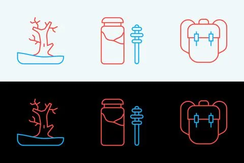 Set line School backpack, Bare tree and Jar of honey and dipper stick icon... Stock Illustration
