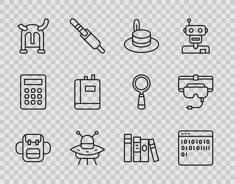 Set line School backpack, Binary code, Man hat, UFO flying spaceship, Viking Stock Illustration