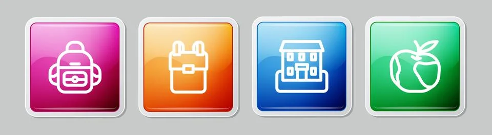 Set line School backpack, , building and Apple. Colorful square button. Vecto Ilustración de archivo