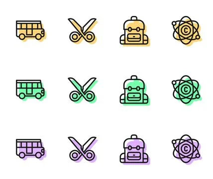 Set line School backpack, Bus, Scissors and Atom icon. Vector Stockillustratie