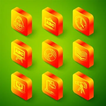 Set line School backpack, Chalkboard, Clock, American Football ball, Open book Stock Illustration