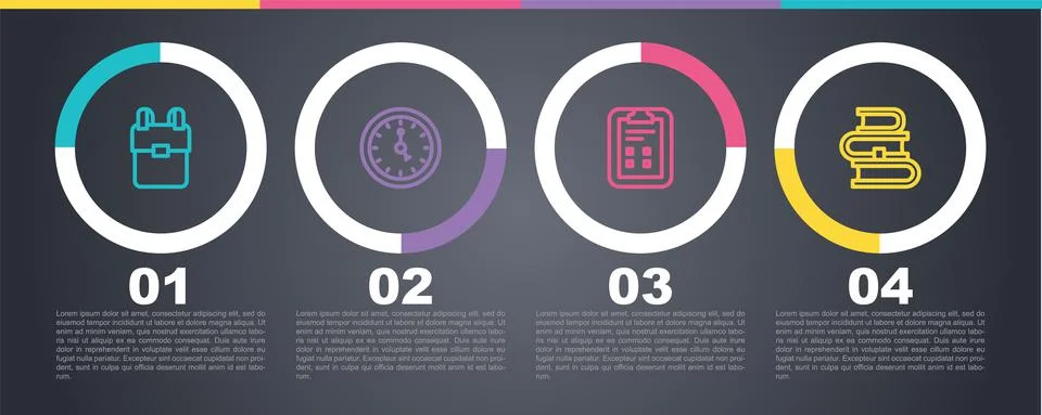 Set line School backpack, Clock, Exam sheet with check mark and Book. Business Illustrazione stock