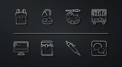 Set line School backpack, Computer monitor, Shelf with books, Pen, Book, Table Stock Illustration