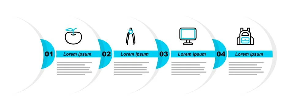 Set line School backpack Computer monitor Drawing compass and Apple icon. Vec Illustrazione stock