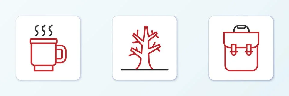 Set line School backpack, Cup of tea and Bare tree icon. Vector Stock Illustration