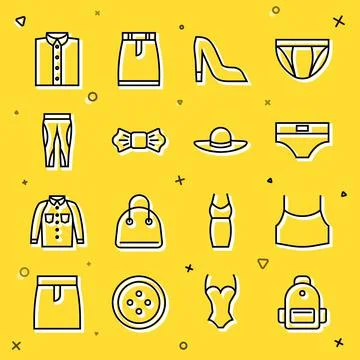 Set line School backpack, Female crop top, Men underpants, Woman shoe, Bow tie Stock Illustration