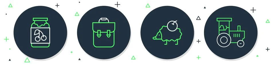 Set line School backpack, Hedgehog, Jam jar and Tractor icon. Vector Stock Illustration