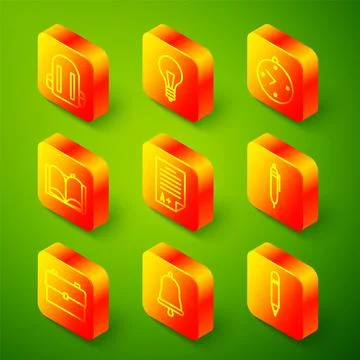 Set line School backpack, Light bulb with concept of idea, Clock, Open book.. Stock Illustration