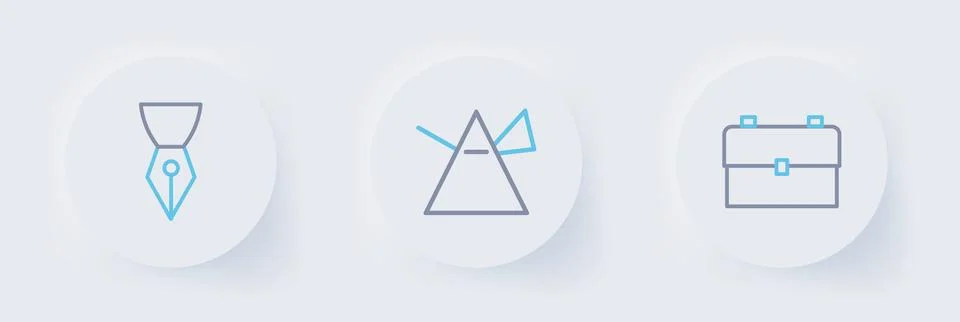 Set line School backpack, Light rays in prism and Fountain pen nib icon. Vect Illustrazione stock