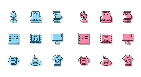 Set line School backpack, Man hat, Earth globe, T-shirt, Postal stamp, Computer Stockillustratie