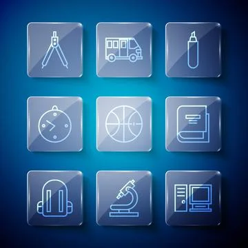 Set line School backpack, Microscope, Computer monitor, Marker pen, Basketball Stock Illustration