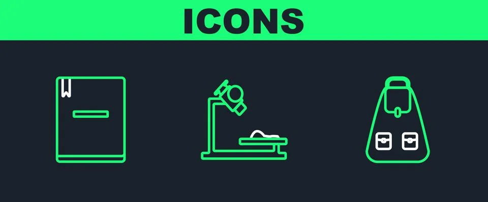 Set line School backpack, Notebook and Microscope icon. Vector Stock Illustration
