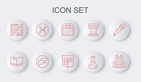 Set line School backpack, Open book, Calendar, Test tube, Abacus, Chemical .. Stock Illustration