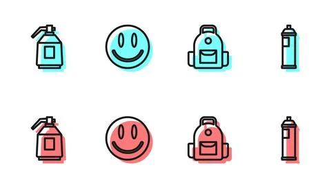Set line School backpack, Paint spray gun, Smile face and can icon. Vector Stock Illustration