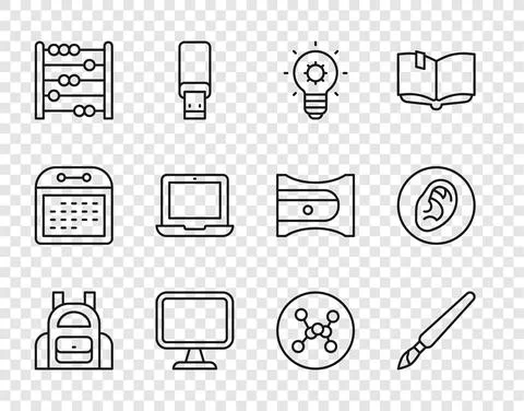 Set line School backpack, Paint brush, Light bulb, Computer monitor, Abacus Stock Illustration