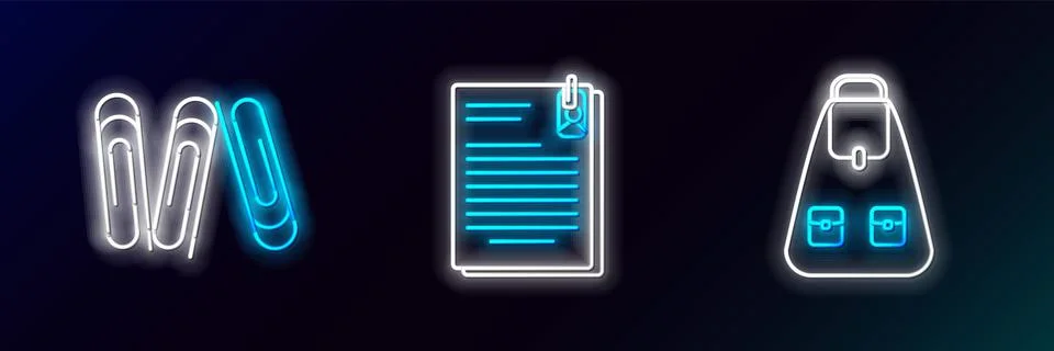 Set line School backpack, Paper clip and File document and paper icon. Glowin Stock Illustration