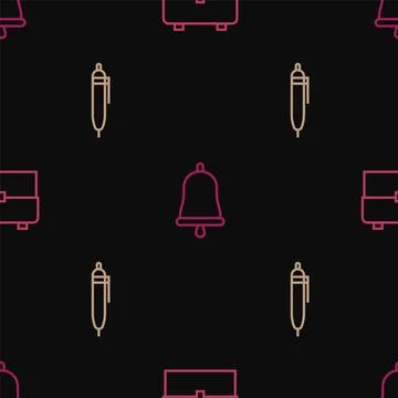 Set line School backpack, Pen and Ringing bell on seamless pattern. Vector Illustrazione stock