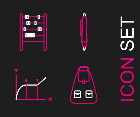 Set line School backpack, Pie chart infographic, Pen and Abacus icon. Vector Stockillustratie