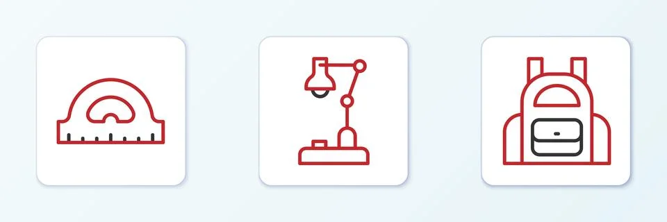 Set line School backpack, Protractor grid and Table lamp icon. Vector Stock Illustration